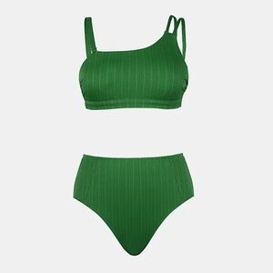 Cupshe Women's Green One-Shoulder Bikini Top & High-Rise Bottoms Set Swimsuit M